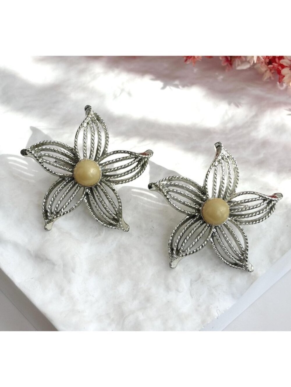Starfish Shaped Faux Pearl 80's Silver Toned Vintage Clip On Stud Earrings